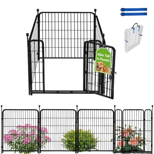 ADAVIN Tall Garden Fence with Gate,40 in(H) 4 Panels Animal Barrier Fence, Black Heavy Duty Iron Metal Fencing Border, Indoor or Outdoor Dog Playpen, No Dig RV Fencing for Yard. Total 8.9 FT(L) - size: 4panels-40in(H)×8.9ft(L)