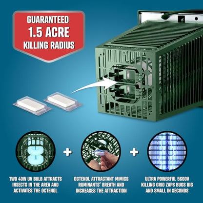 Flowtron Bug Zapper, 1.5 Acre Outdoor, Two 40W UV Bulb, 5600V Zap, Green - color: Green