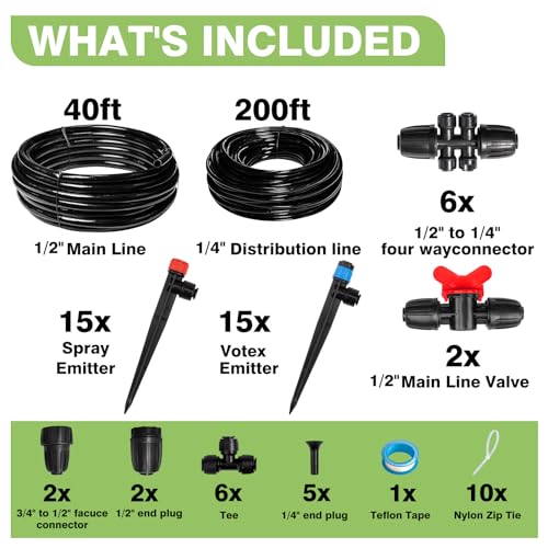 Maotong 240FT Drip Irrigation System Kit New Quick-Connect, Automatic Garden Watering Misting System for Greenhouse, Yard, Lawn, Plant with 1/2 inch Hose 1/4 inch Distribution Tubing and Accessories - size: 240 FT (40FT Main Tube+200FT Distribution tube)