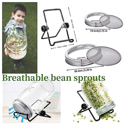 Lulonpon One Sprouting Jar Kit, Wide Mouth Quart Mason Jars with Stainless Steel Screen Sprout Lids, 86mm,1000ml,Stand,Tray and Canning Brush,Seed Sprouter Set for Growing Broccoli, Alfalfa, Mung Bean - color: White-NoCoverPTray