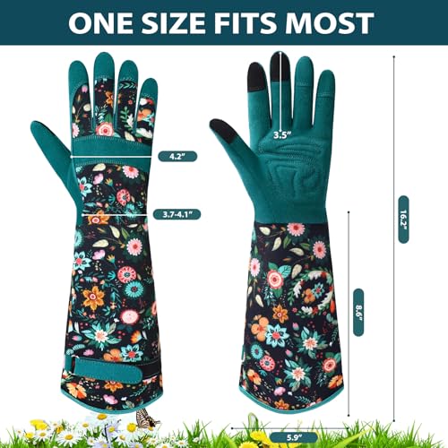 Gardening Gloves for Women, Long Garden Gloves with Grip, Thorn-Proof, Gift - color: Dark Green - Circle Flower
