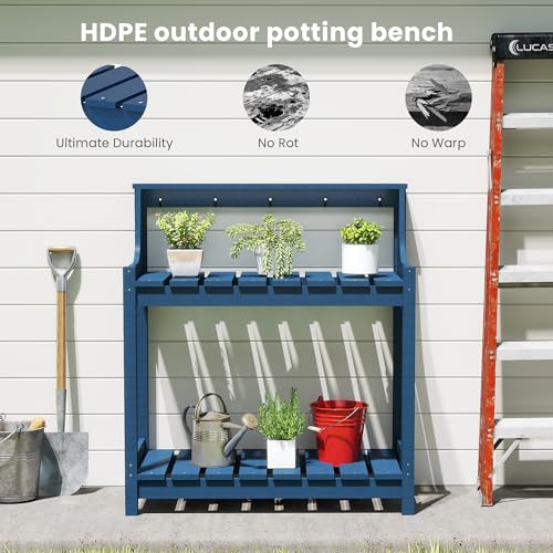 Domi 3-Tier Potting Benches for Outside, HDPE Outdoor Potting Table, Blue - color: Blue