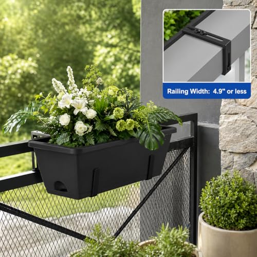 CADUKE Railing Planter Box 4 Pack Window Boxes Planter with Adjustable Brackets 16.9 Inches Deck Railing Hanging Flower Boxes Black Balcony Planters Fence Hanging Planters for Outdoor - color: Black