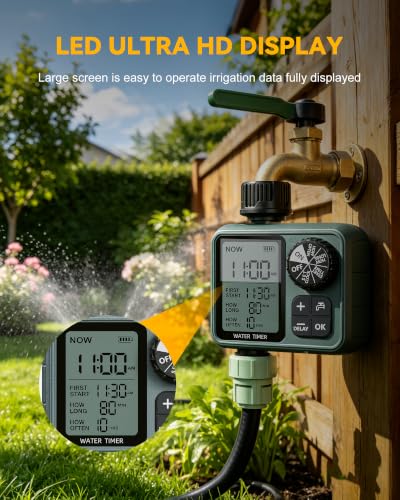 Programmable Water Timer for Garden Hose, Outdoor Sprinkler Timer with Rain Delay & Manual Mode,Inlaid Brass Connector Irrigation Controller for Lawn Yard Landscape, 1 Outlet Large LCD Display
