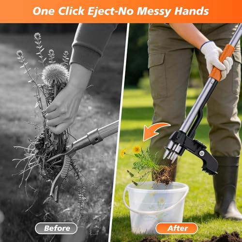 Stand Up Weed Puller Tool - 4-Claw Steel Head Hand Weeding Tool - 40" Retractable Handle with Easy-Eject Mechanism for Dandelions, Clover, No Bending or Kneeling