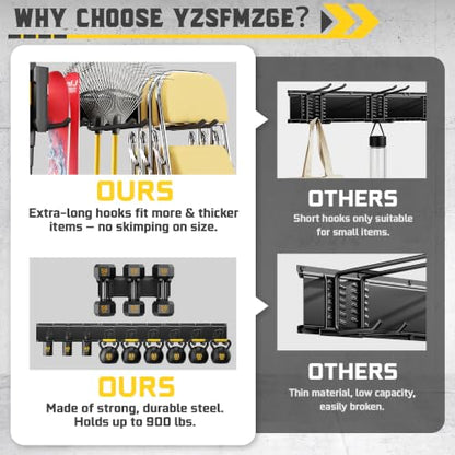 64" Garage Wall Tool Organizer, 900 Lbs Heavy Duty Steel Garden Tool Storage Rack & Garage Organization for Yard, Shed, Garage - 12 Longer & Thicker Hooks + 2 Straps - size: 64inch