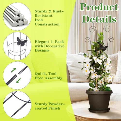 4 Pack 30 Inch Taller Plant Trellis for Potted Climbing Plants Indoor, Black Metal Garden Trellis with Butterfly & Bird Designs - Sturdy Expandable Plant Support for Ivy, Pothos, Monstera