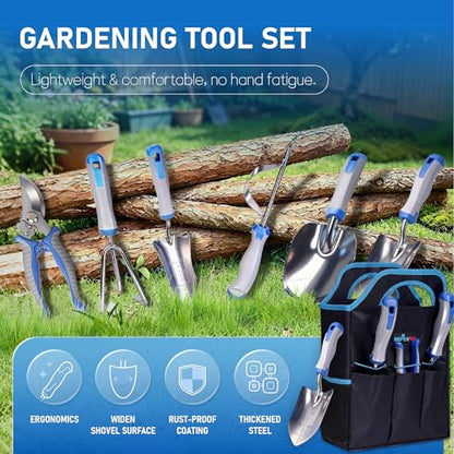 8 PCS Gardening Tools Set with Ergonomic Handles, Heavy Duty Garden Tool Kit with Storage Bag, Rust-Resistant Gardening Supplies for Women and Men, for Digging, Planting, Weeding and Pruning