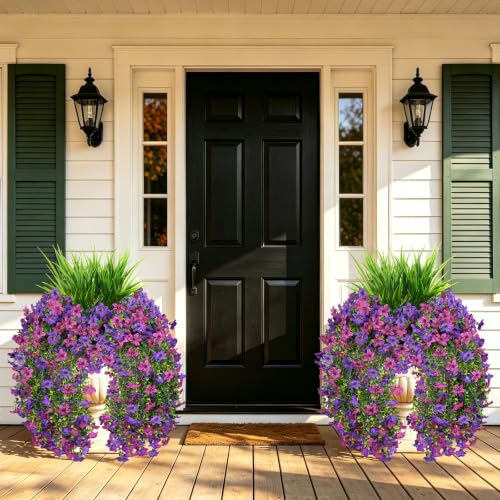 7PCS Artificial Fall Hanging Flowers for Outdoor, Six-Petaled Faux Mums - color: Purple