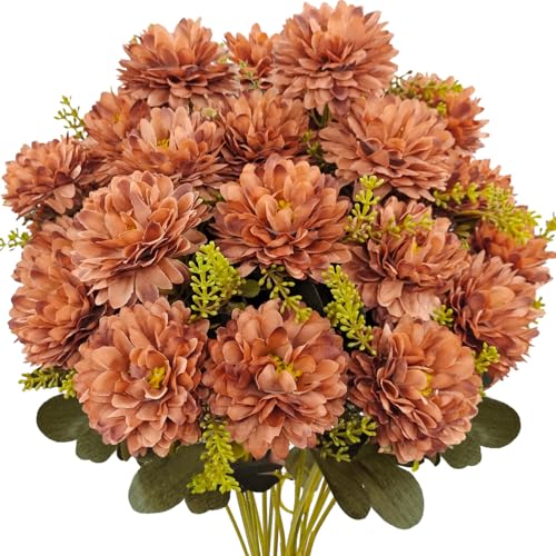 Fall Flowers Artificial Mums 2 Pcs 18 Heads Silk Chrysanthemums Fake Mums Faux Floral Bouquet Arrangements for Home Decor Indoor Outdoors Planter Pots Porch Wedding Autumn Decoration (Brown) - color: Brown