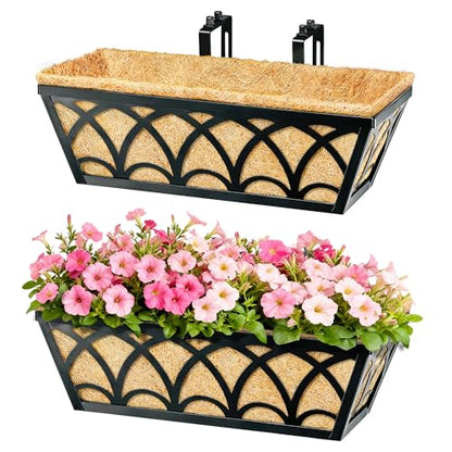 16 Inch Railing Planter Box Window Boxes Planters - 2 Pack Deck Railing Planter Boxes with Adjustable Brackets Coco Liners Balcony Planters Railing Hanging for Window Flower Boxes Outdoor Garden Decor - size: 16 Inch