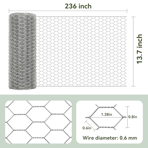 Chicken Wire 13.7 in x 236 in Poultry Wire Netting Ties Hexagonal Galvanized Mesh Garden Fence Barrier for Craft Projects Pet Rabbit Chicken Fencing - size: 1" 13.7"x236" + 100 Ties