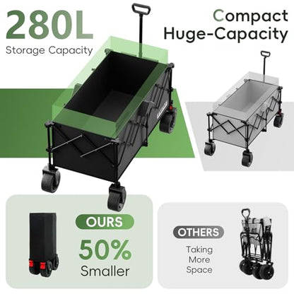 46" L Collapsible Foldable Extended Wagon, 500LB Weight Capacity with 280L Heavy Duty Folding Cart,Utility Wagon with All-Terrain Beach Wheel & Drink Holders,Black - color: Carbon Black
