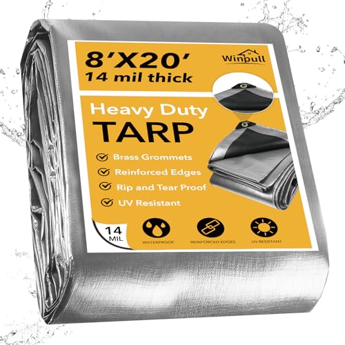 Winpull Heavy Duty Tarp 14 Mil Tarp Waterproof Silver 8x20 FT, UV Resistant Poly Tarp with Reinforced Grommets for Camping, Boat Cover, Patio Furniture, Roof, Firewood Pile - color: Silver/Black-14mil, size: 8'x20'