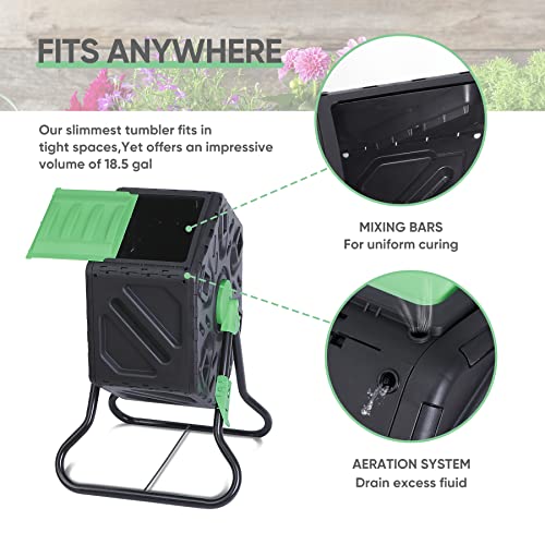 F2C 18.5 Gallon Compost Tumbler Compost Bin All-Season Outdoor BPA Free Single Rotating Chamber Composters w/ 2 Sliding Doors and Solid Steel Frame - size: 18.5 Gallon