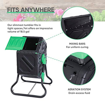 F2C 18.5 Gallon Compost Tumbler Compost Bin All-Season Outdoor BPA Free Single Rotating Chamber Composters w/ 2 Sliding Doors and Solid Steel Frame - size: 18.5 Gallon