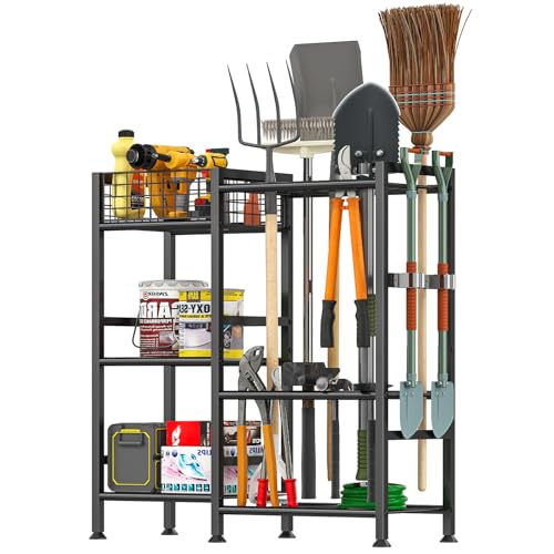Garden Tool Organizer with Basket, 3-Tier Yard Storage Rack for Garage - size: XL-29.5"W x 12"D x 31.2"H