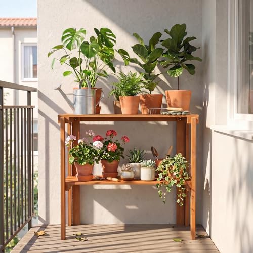 Giantex Foldable Plant Shelf, 2-Tier Solid Wood Indoor Outdoor Flower Pot Display Rack, Corner Storage Bookshelf, Freestanding Tiered Plant Stand for Garden Patio Balcony, No Assembly - size: 2-Tier