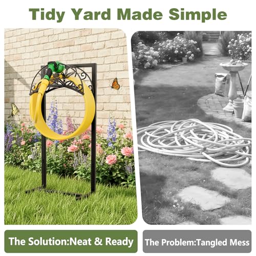 Garden Hose Holder - Upgraded Electrophoretic Coating Anti-Rust Graden Hose Storage Rack with Hummingbird Pattern Holds 150ft, Heavy Duty Garden Hose Hanger, Water Hose Holders for Outside Yard Lawn