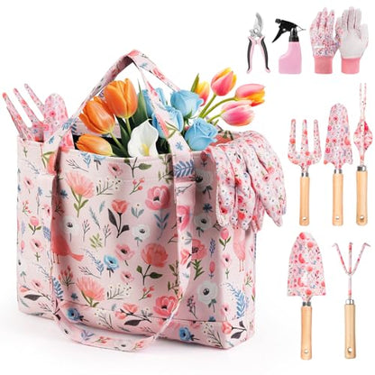 Grenebo Gardening Tools 10-Piece Garden Tool Set with Floral Bag, Pink - color: Pink