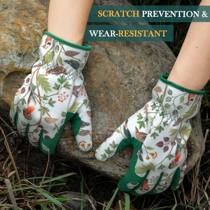 Gardening Gloves for Women, Breathable Leather Garden Gloves,Gardening Gift - color: White - Flowers Birds