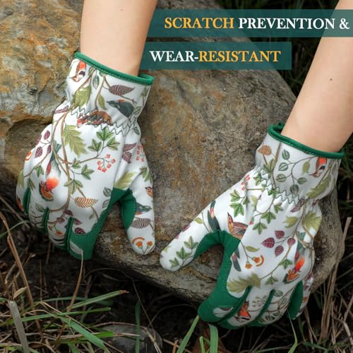 Gardening Gloves for Women, Breathable Leather Garden Gloves,Gardening Gift - color: White - Flowers Birds