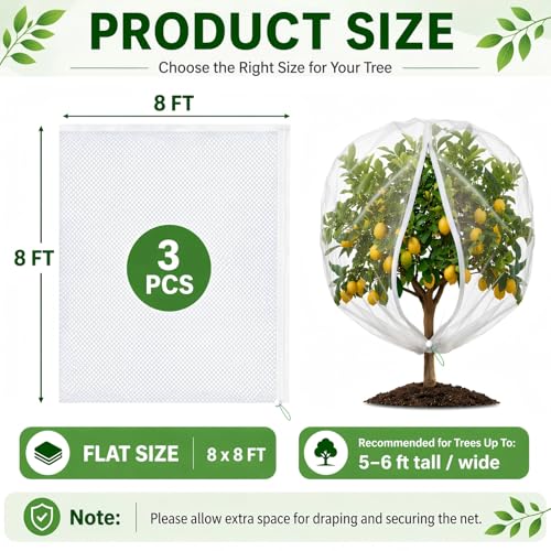 3 Pack 8x8 ft Large Fruit Tree Netting Covers with Zipper & Drawstring - size: 8x8 ft