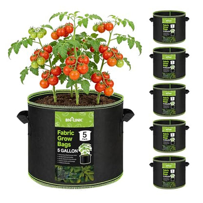 BN-LINK 5-Pack 5 Gallon Grow Bags, Heavy Duty Aeration Fabric Pots with Handles, Thickened Nonwoven Plant Bags for Vegetables, Flowers, Fruits - size: 5 Gallon 5 Pack
