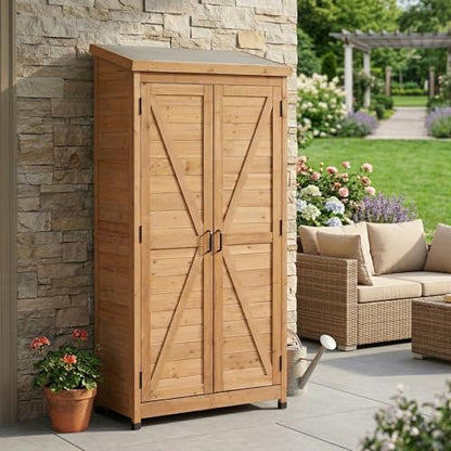 Outdoor Storage Shed Tool Cabinet, Tall Wooden Garden Shed with Metal Roof for Backyard Patio Lawn Tools
