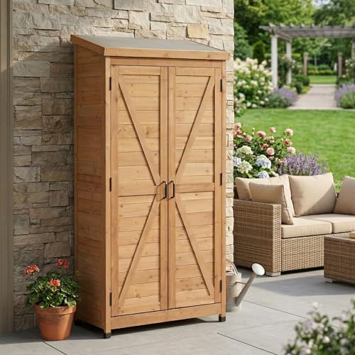 Outdoor Storage Shed Tool Cabinet, Tall Wooden Garden Shed with Metal Roof for Backyard Patio Lawn Tools