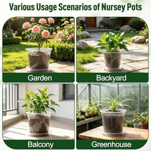 10/8/7/6 Inch Clear Nursery Pots with Drainage Holes and Saucers,12 Pack Large Clear Pots for Seedling Starter,Repotting,Growing Plants,Seedings,Flowers & Vegetables