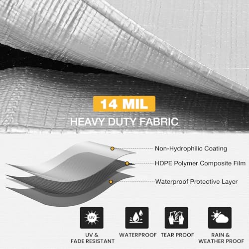 Winpull Heavy Duty Tarp 14 Mil Tarp Waterproof Silver 8x20 FT, UV Resistant Poly Tarp with Reinforced Grommets for Camping, Boat Cover, Patio Furniture, Roof, Firewood Pile - color: Silver/Black-14mil, size: 8'x20'