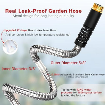 Lefree 150ft Stainless Steel Garden Hose with 10 Function Spray Nozzle - color: Gray, size: 150FT