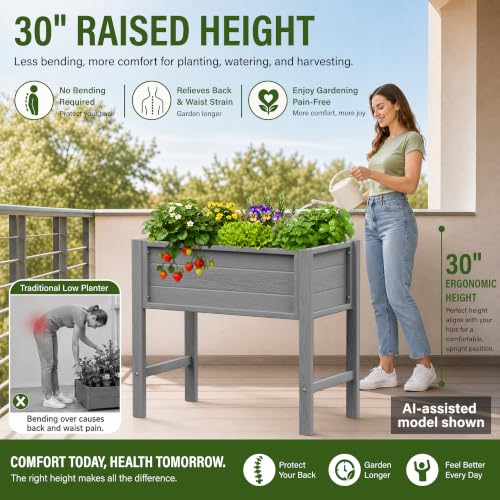 YEFU 34" Small Garden Planter, Wood-Look HIPS Compact Planter Box, Grey - color: Gray, size: 34"×18"×30"