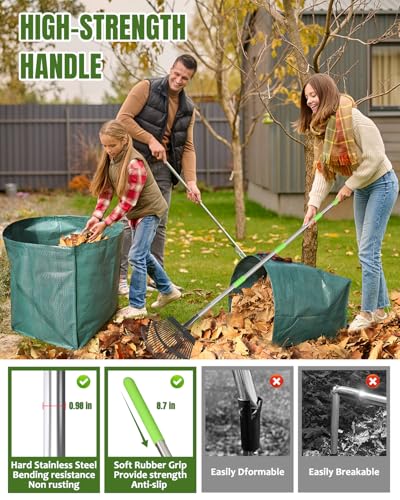 65 Inch 25 Tines Metal Leaf Rake Set with 40 Gal Dustpan-Type Bags - style: Green Dustpan