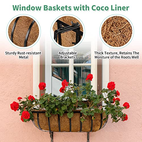 Tessco for you 3 Pieces Railing Planter Boxes, 24 Inches Window Box Planters with Coco Liner and Adjustable Brackets for Deck Porch Fence Patio Balcony Gardening Outdoor Plants - size: 24 Inch