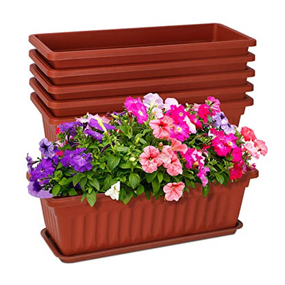 Window Box Planter, 6 Pcs 17" Flower Rectangle Planter with Tray, Brick Red - color: Brick Red