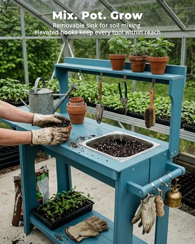 Outdoor Potting Bench Table with Removable Sink for Outside, Blue - color: Blue