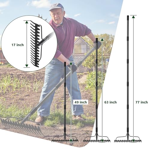77'' Bow Rake ，17 Tines Metal Head Rakes with Stainless Steel Handle，Heavy Duty Garden Rake for Loosening Soil Gathering Leaf Leveling Lawn Farming Land Management Yarn Thatch Rake - style: 77inch