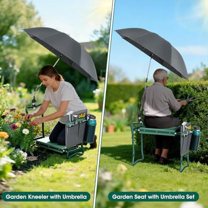 OAOA innovation 2-in-1 Garden Kneeler with Umbrella, Kneeling Bench & Grey Umbrella, Portable Stool 330lb Capacity, Garden Tools Bag with Bottle Holder, Gardening Gift for Men Women Seniors - color: Grey