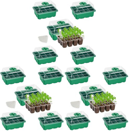 Bonviee 15-Pack Seed Starter Trays, Humidity Dome, Base, 12-Cell Tray, Green - color: Green, size: 15 Packs (180 Cells)