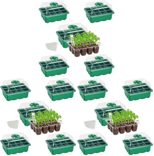 Bonviee 15-Pack Seed Starter Trays, Humidity Dome, Base, 12-Cell Tray, Green - color: Green, size: 15 Packs (180 Cells)