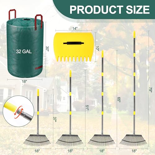 Adjustable Garden Leaf Rake Set, 18" Wide, 25 Tines, 37-79" Handle Metal Leaf Rake with 2 Pack 32 Gallons Leaf Bags and Scoops. Heavy Duty Graden Rakes Set for Lawn, Grass, Shrubs, Flower Beds
