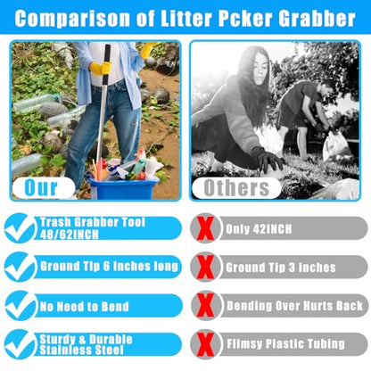 Trash Picker Upper Grabber Extra Long,62 Inch Trash Pickup Tool Heavy Duty Stainless Steels Tip Lightweight Reinforcement Debris Nabber Litter Picker Grabber Durability Sponge Handle - size: 62 Inch