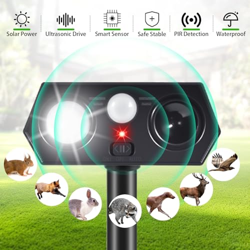 Solar Animal Repellent Outdoor 4 Pack, Ultrasonic Deer Deterrent Devices with Motion Sensor & Flashing Lights, Waterproof Solar Powered Cat Repellent for Garden Yard Squirrel Raccoon Skunk Rabbit Dog