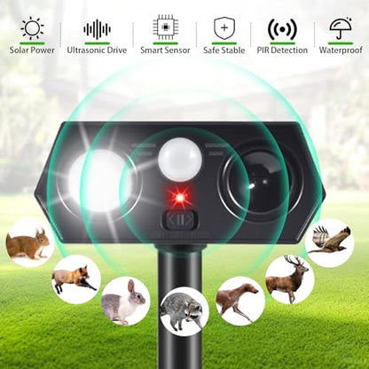 Solar Animal Repellent Outdoor 4 Pack, Ultrasonic Deer Deterrent Devices with Motion Sensor & Flashing Lights, Waterproof Solar Powered Cat Repellent for Garden Yard Squirrel Raccoon Skunk Rabbit Dog