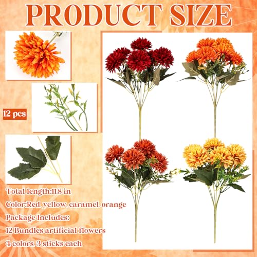XunYee 12 Pcs Fall Artificial Flowers for Outdoor Faux Mums,Burnt Orange - color: Burnt