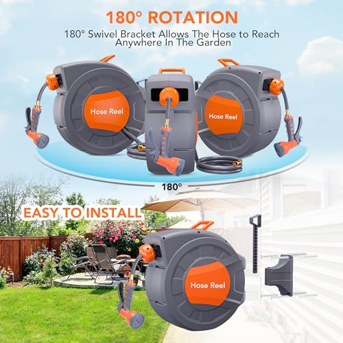 GAOMON Retractable Garden Hose Reel - 1/2 in x 72 ft, Wall Mounted, 9-Function Sprayer, Any Length Lock, 180° Swivel, Automatic Slow Rewind - size: 72FT