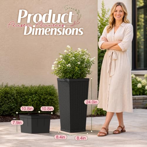 Flamaker 24“ Tall Plastic Planters with Drainage Holes Front Porch Set of 2 - color: Black, size: 24" H