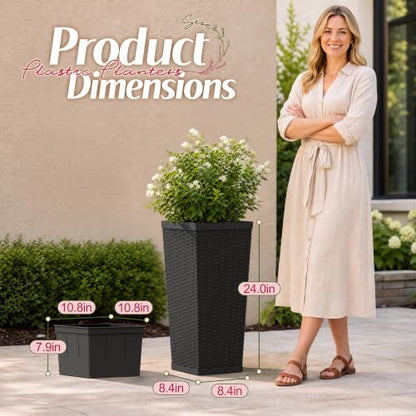 Flamaker 24“ Tall Plastic Planters with Drainage Holes Front Porch Set of 2 - color: Black, size: 24" H